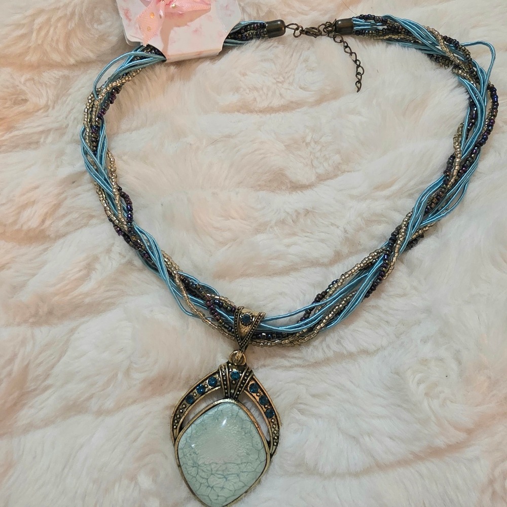 NWT Blue & Gold Pendant Necklace‎ Party Glamour Formal Event Jewelry Gypsy Boho